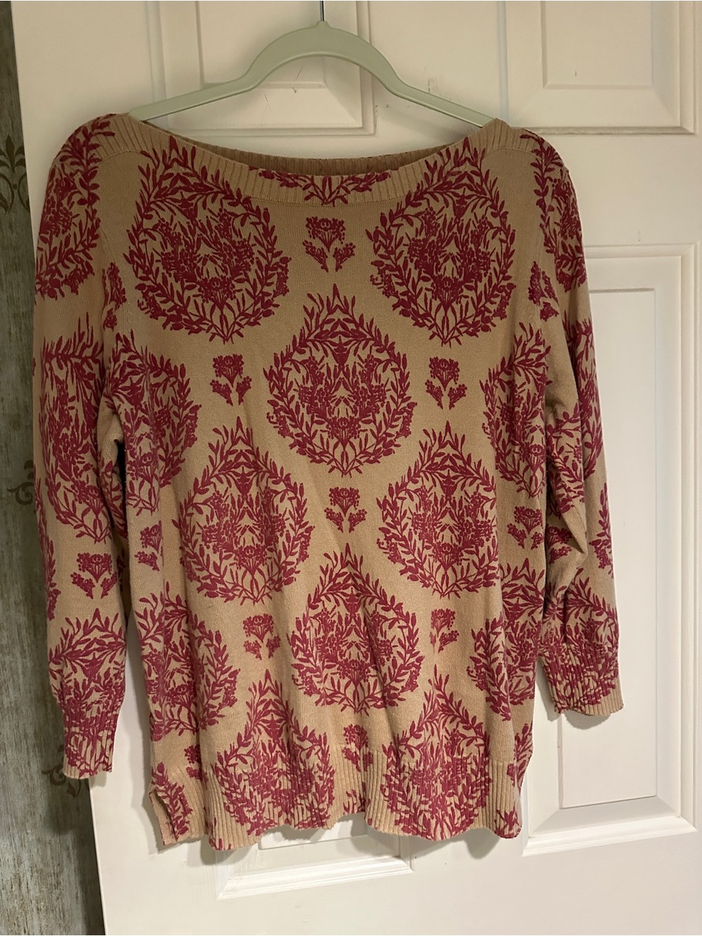 LOFT, lightweight, tan/burgundy transitional sweater